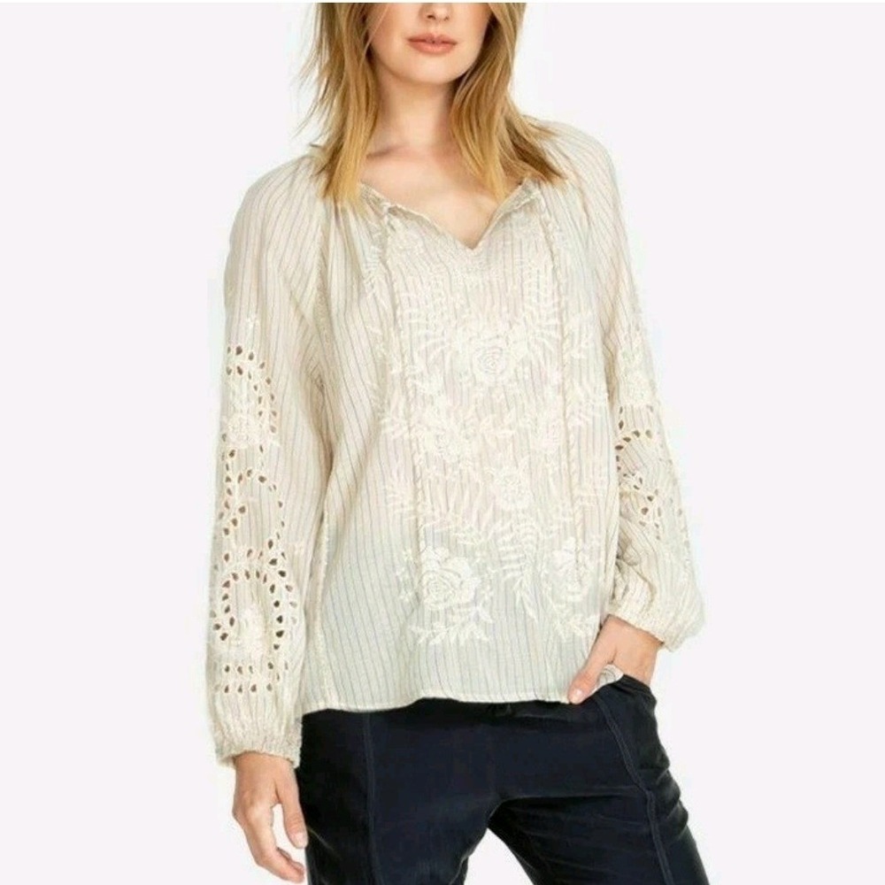 Johnny Was Women Blouse Small Cream Embroidered Boho Peasant Top vacation travel